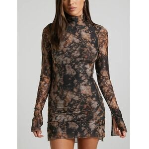 Runaway the Label Jordi Mini Dress Stone Print Tie Dye Stretch Mesh Small NWT